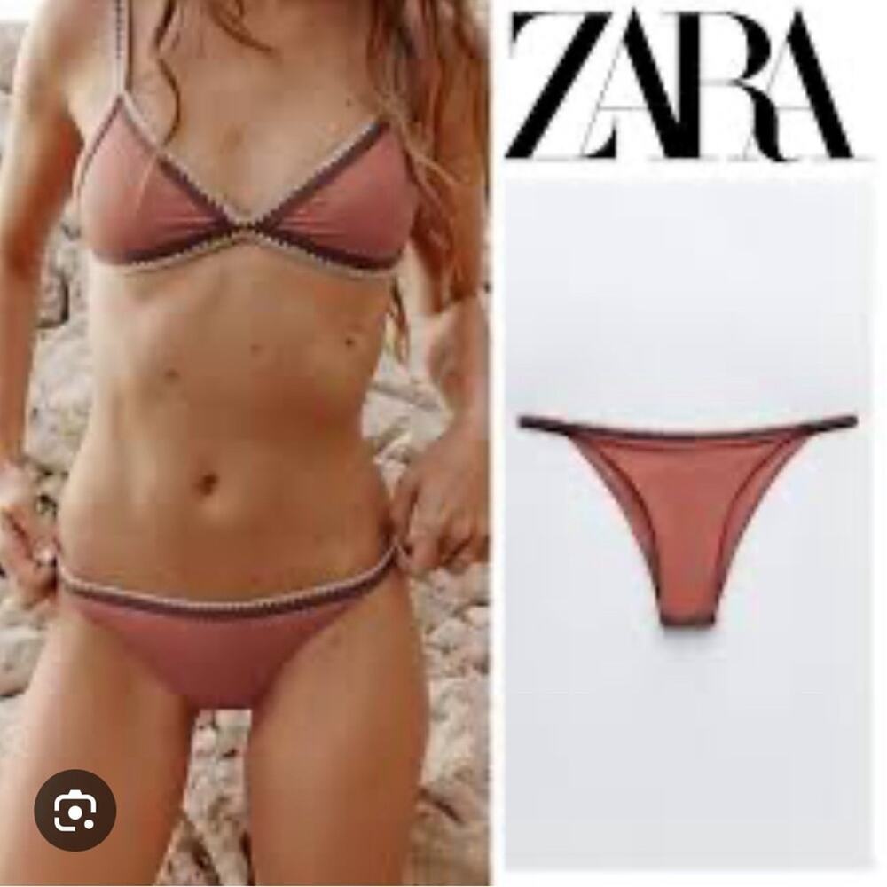 Zara Brick color Contrast Bikini Bottom contrast trim embroidery Interio…